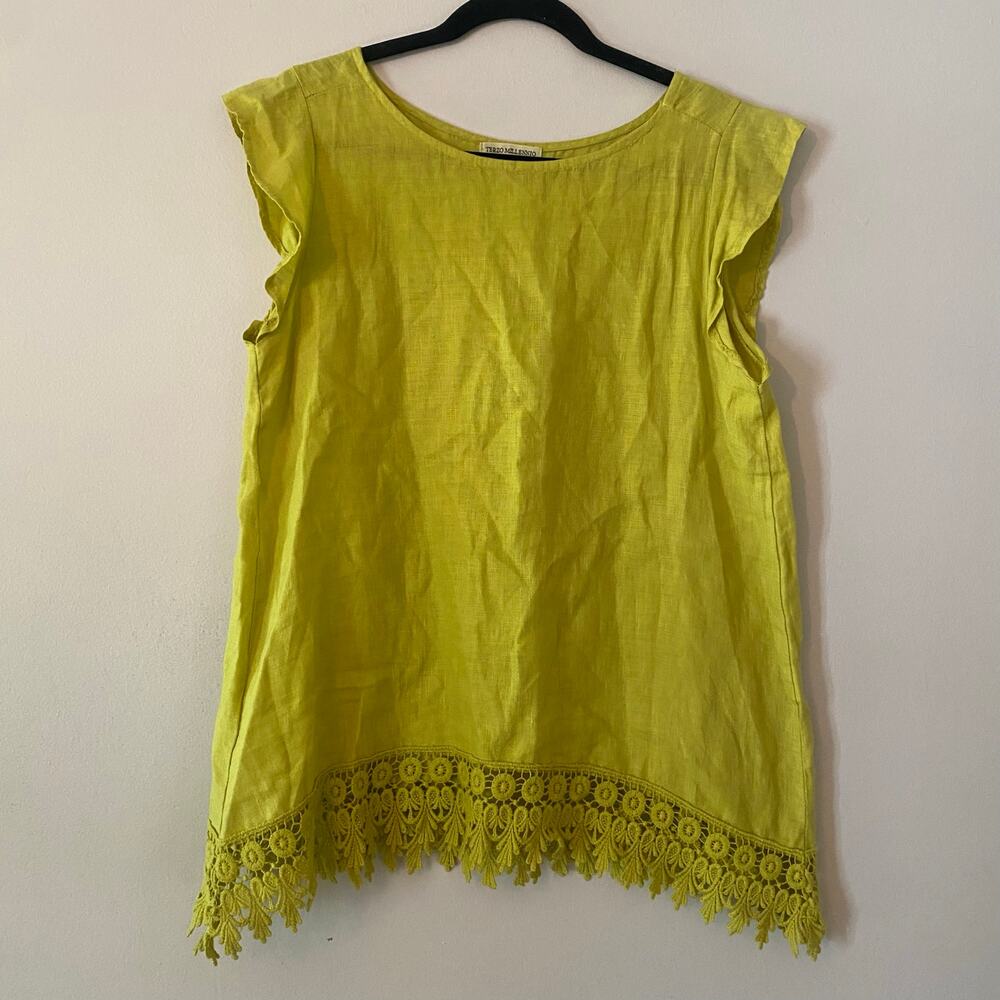 Terzo Millennio Chartreuse Green Sleeveless Minimalist Lace Linen Women's Small